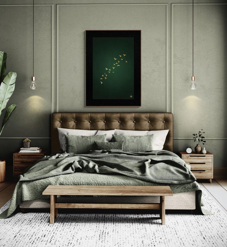 Minimalist Japanese artwork in a bedroom with boho decor