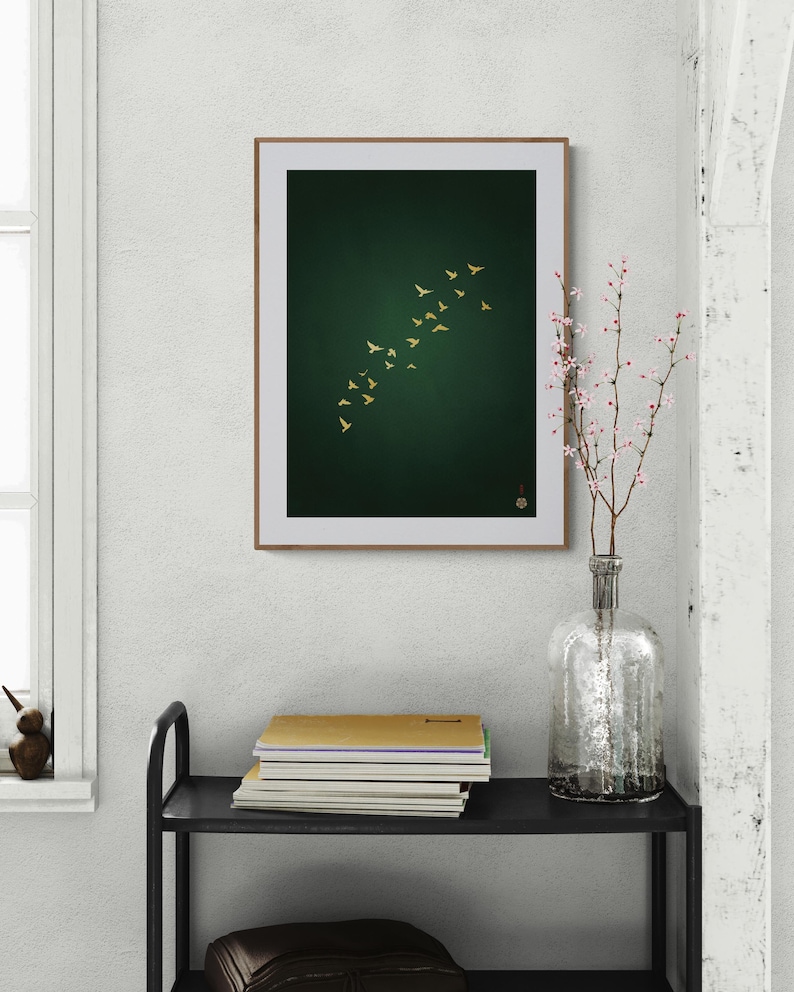 Japanese crane art print in a modern living room