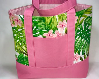 2-Tone Canvas Tote Bag in Pink Tropical Print