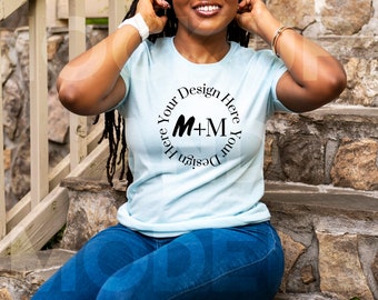 Bella Canvas 3001 Heather Prism Ice Blue T-Shirt Mock Up | Black Model Mock Up | African American Mock Ups | Black Woman Lifestyle Outdoors