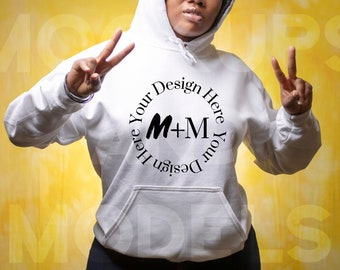 Gildan 185 White Hoodie Mock Up | Black Woman Mock Up | African American Female Models | Lifestyle | Black Girl Winter Fashion Pullover