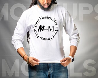 White Bella Canvas 3501 Long Sleeve | Black Male Mock Up | Mockups and Models | Muscular African American | Next Level | Best Mockups