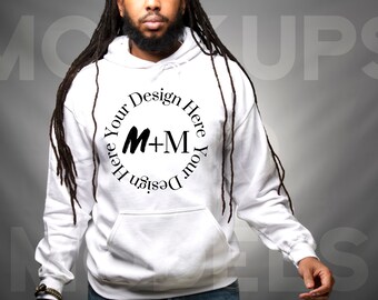 Gildan 185 White Hoodie Mock Up | Black Model Mockup | African American Men Models | PNG | Black Male Winter Pullover | Mockups and Models