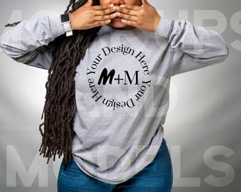 Gray Bella Canvas 3501 Long Sleeve | Black Girl Mock Up | Mockups and Models | High Quality Mock ups | Next Level | Best Mockups | Anvil