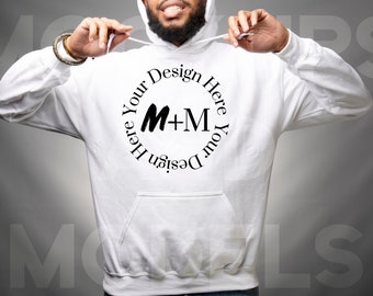 Gildan 185 White Hoodie Mock Up | Black Male Mock Up | African American Mens | Mockups and Models | Black Male Winter Fashion Pullover