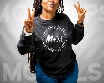 Black Bella Canvas 3501 Long Sleeve | Black Girl Mock Up | Mockups and Models | High Quality Mock ups | Next Level | Black Owned Mockups