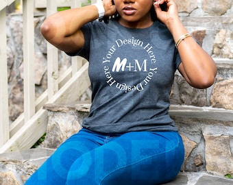 Bella Canvas 3001 Dark Grey Heather T-Shirt Mock Up | Black Model Mock Up | African American Mock Ups | Black Woman Lifestyle Fashionable
