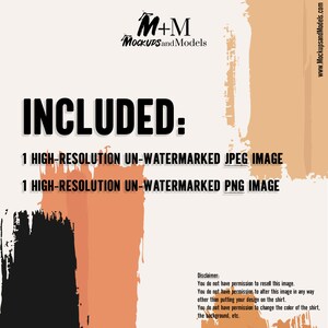 May include: A digital download of a high-resolution, un-watermarked image of a t-shirt mockup. The image is available in both JPEG and PNG formats. The text "INCLUDED:" is displayed in bold black letters. The text "1 HIGH-RESOLUTION UN-WATERMARKED JPEG IMAGE" and "1 HIGH-RESOLUTION UN-WATERMARKED PNG IMAGE" are displayed in black letters. The text "Disclaimer:" is displayed in black letters. The text "You do not have permission to resell this image. You do not have permission to alter this image in any way other than putting your design on the shirt. You do not have permission to change the color of the shirt, the background, etc." is displayed in black letters. The text "www.MockupsandModels.com" is displayed in black letters.