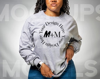 Gray Bella Canvas 3501 Long Sleeve | Black Girl Mock Up | Gildan Mockups | High Quality Mock ups | Next Level | Sublimation T-Shirt Mockup