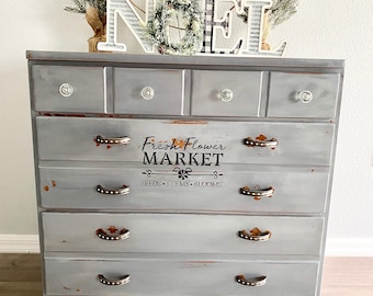 Ethan Allen Dresser | Gray Dresser | Bedside Table | Farm House Decor | Bedroom Furniture | Wood Dresser | Stenciled Dresser | Small Dresser