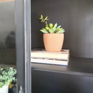 May include: A black shelf with a stack of books and a small potted succulent plant. The plant is in a terracotta pot with a white chevron pattern.