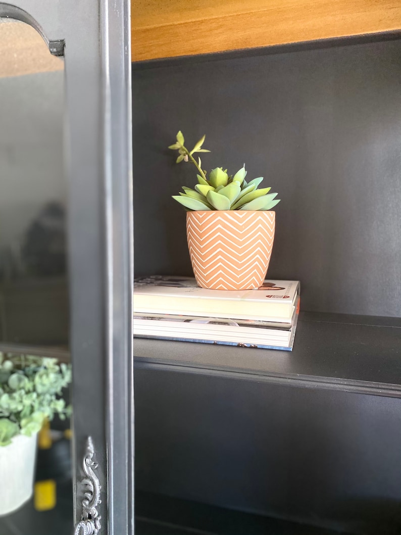 May include: A black shelf with a stack of books and a small potted succulent plant. The plant is in a terracotta pot with a white chevron pattern.