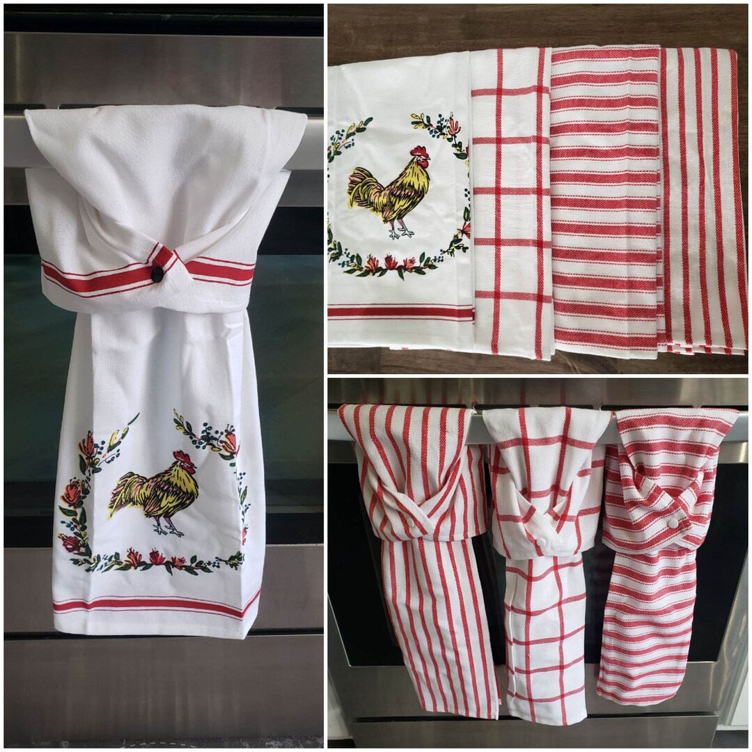 Set of 4 Hanging Snap on Kitchen Dish Hand Towels Red Rooster Etsy