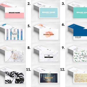 May include: Twelve different business card designs with various backgrounds and patterns. The designs include a pink background, a blue background, a green background, a striped background, a watercolor background, a marble background, a floral background, a leaf background, a tropical leaf background, a forest background, and a gold pattern background. Each card has the text "BRAND NAME" printed on it.