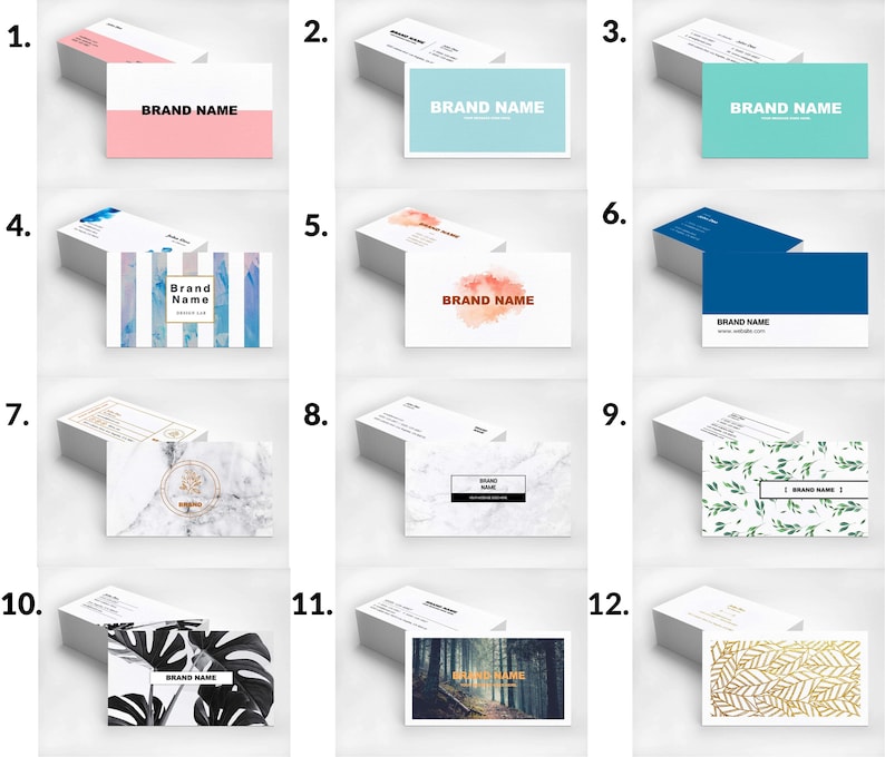May include: Twelve different business card designs with various backgrounds and patterns. The designs include a pink background, a blue background, a green background, a striped background, a watercolor background, a marble background, a floral background, a leaf background, a tropical leaf background, a forest background, and a gold pattern background. Each card has the text "BRAND NAME" printed on it.