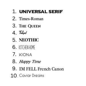 May include: A list of 10 different serif fonts, including Universal Serif, Times-Roman, The Queen, Tahu!, Neothic, Kitchen Home, Kiona, Happy Time, IM Fell French Canon, and Caviar Dreams.