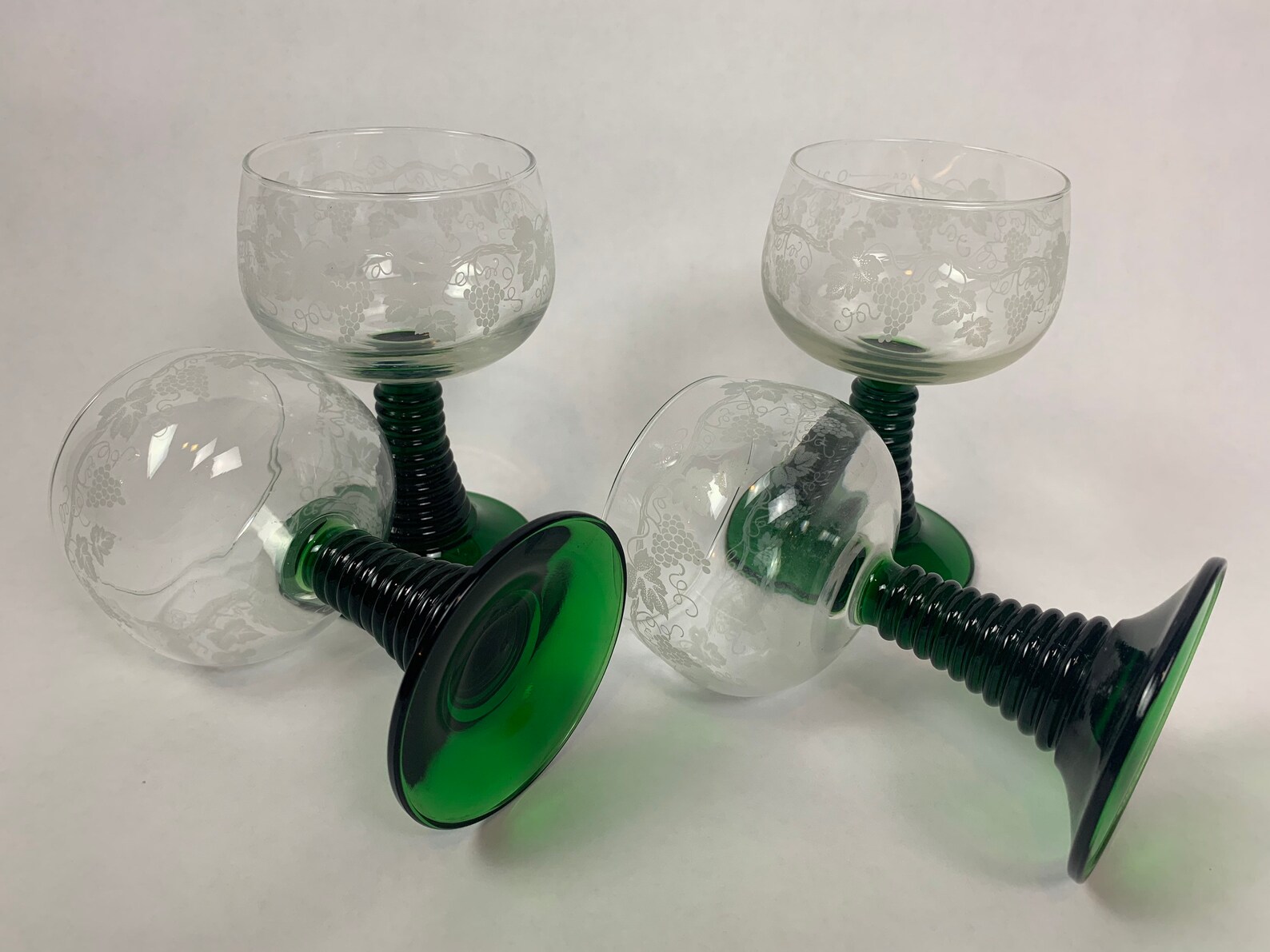 Vintage Crystal Grape Vine Etched & Green Stem Wine Glasses by Etsy