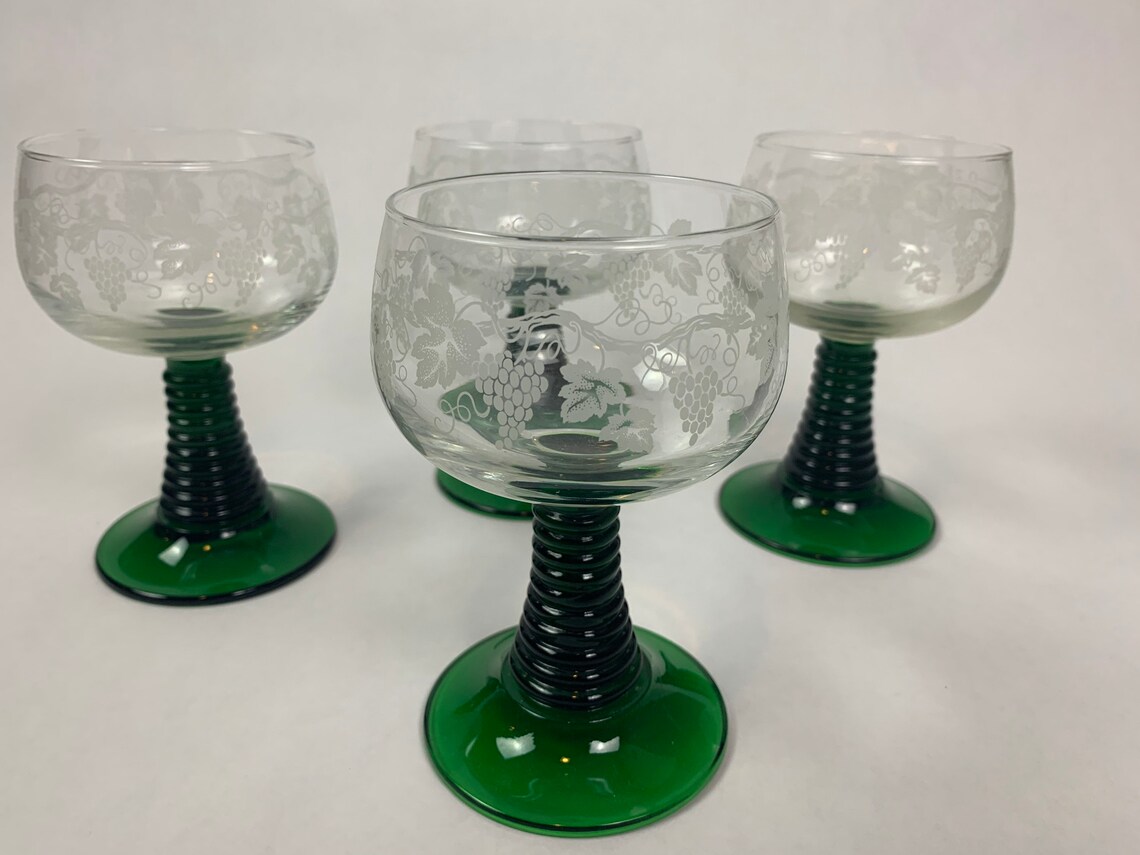 Vintage Crystal Grape Vine Etched & Green Stem Wine Glasses by Etsy