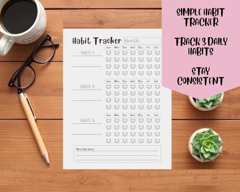 Simple Habit Tracker Printable, 3 Habit Monthly Tracker, Minimalist ...