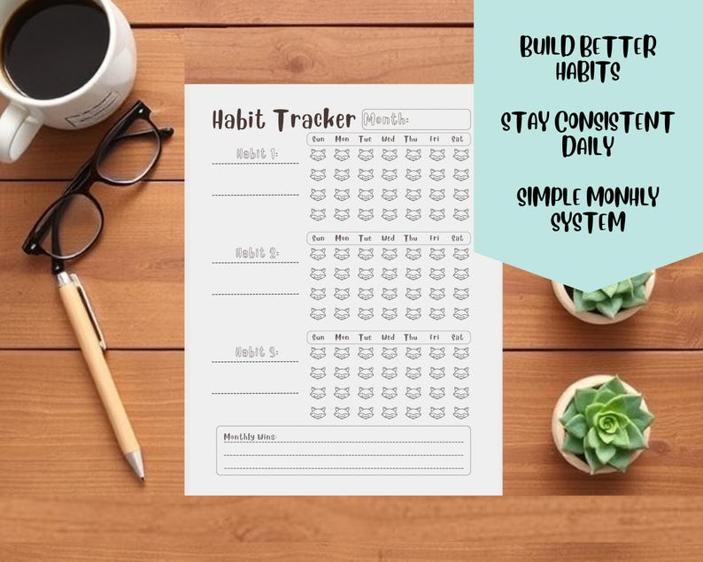 Monthly Habit Tracker Printable, Build Daily Consistency, 3 Habit ...