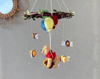 Winnie the Pooh mobile, MINI Baby mobile, Pooh Bear mobile,  Winnie the Pooh baby nursery decor, Bee mobile, colorful balloons cot mobile