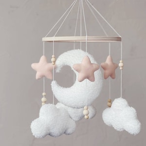 Baby shower gift, Moon mobile, Neutral nursery mobile, Monochrome nursery decor, Baby mobile, Big moon mobile, plush clouds and moon