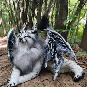 Cat snow leopard plush fantasy creature, Art doll miniature, Custom furry plushie