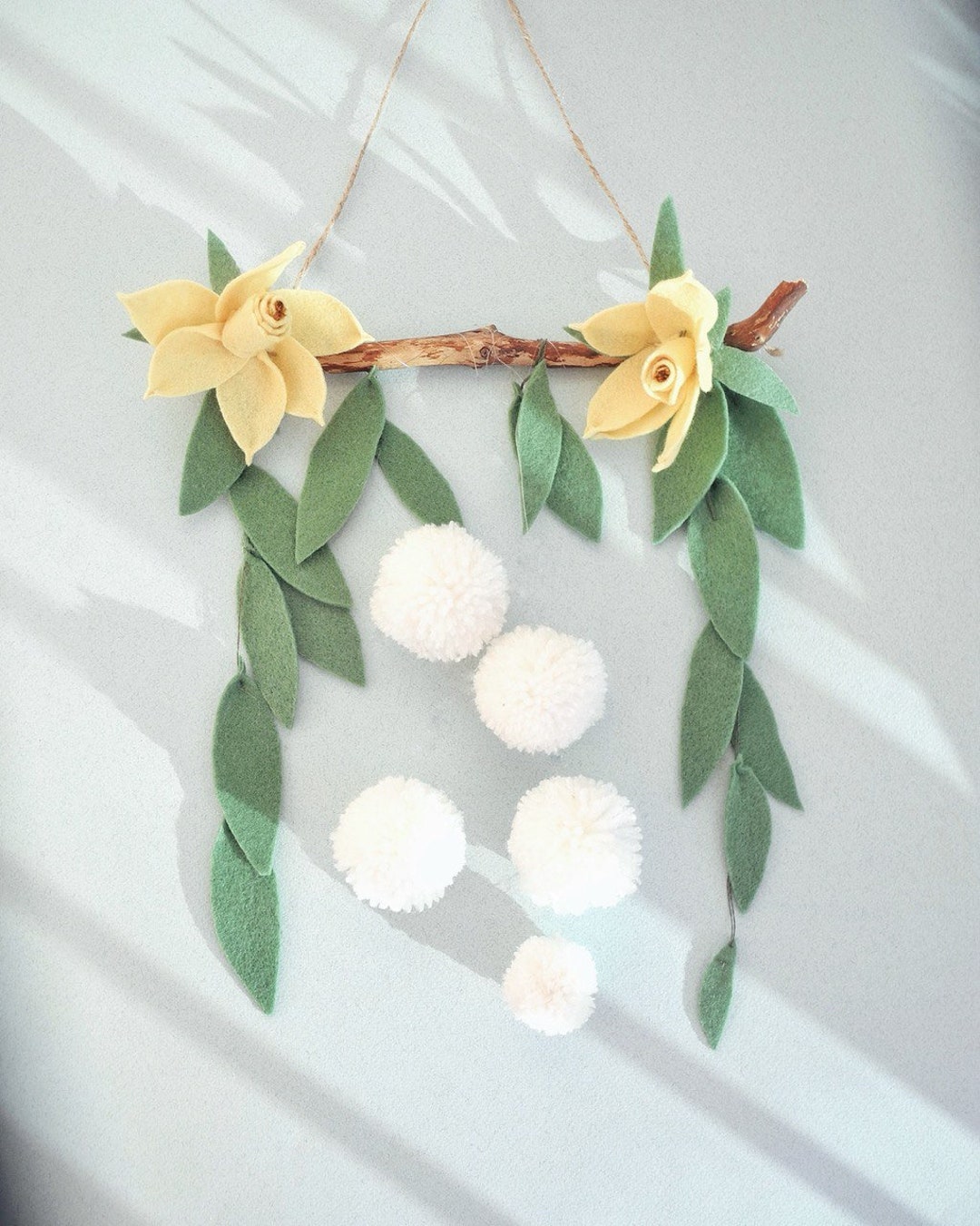 Greenery Vertical Garland, Boho Wall Decor, Pompom Garland, Narcissus