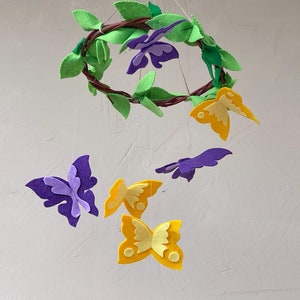 Butterfly mobile nursery, Baby mobile, Leaves  mobile, Nursery decor, Neutral mobile, purple and yellow butterflies