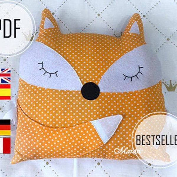 Fox pillow pattern, fox pillow diy, animal cushion pdf, decor pillow in bed