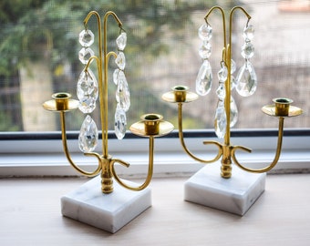 Bougeoirs en cristal, décor de base en marbre, années 1970, paire de bougeoirs en cristal plaqué or vintage, bougeoir en or et marbre