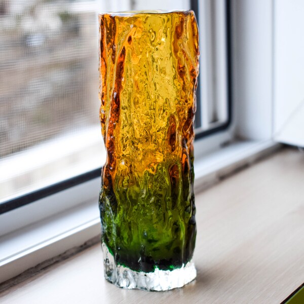 Vintage JAPANESE Green Brown Bark Textured Vase ,Rare Vintage Tajima Amber and Green,Mid Century Art Glass, Shoei Whitefriars Style 1970’s