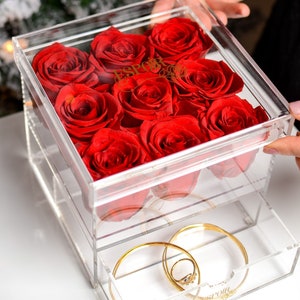 9 Preserved Roses in Acrylic Keepsake Box |  Mother&#39;s Day Gift  | Anniversary, Wedding, Engagement gift | Preserved flowers | Rose Box