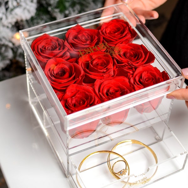 9 Preserved Roses in Acrylic Jewelry Box, Valentine's Day, Anniversary, Wedding, Engagement gift, Forever flowers, Rose Box, Custom gift