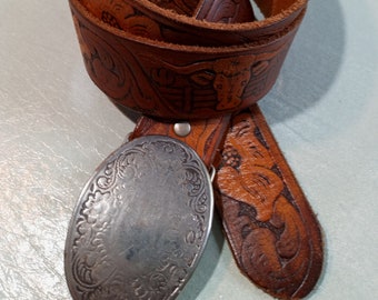 Western Cowboy Tooled Leather Concho Buckle Belt