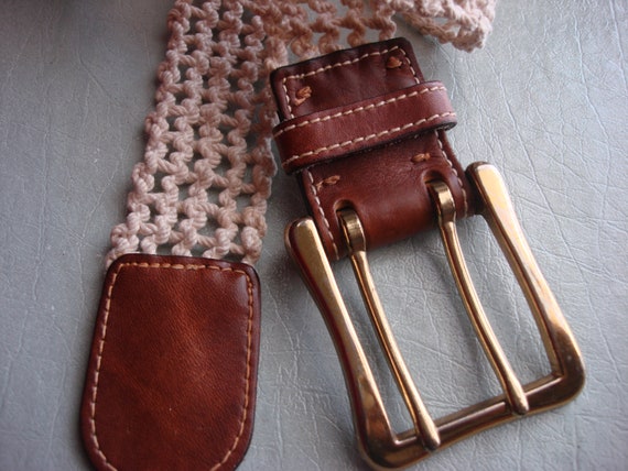 Leather and crochet belt Womens Braided White Crochet Belt Brown Faux Leather One  main image 2