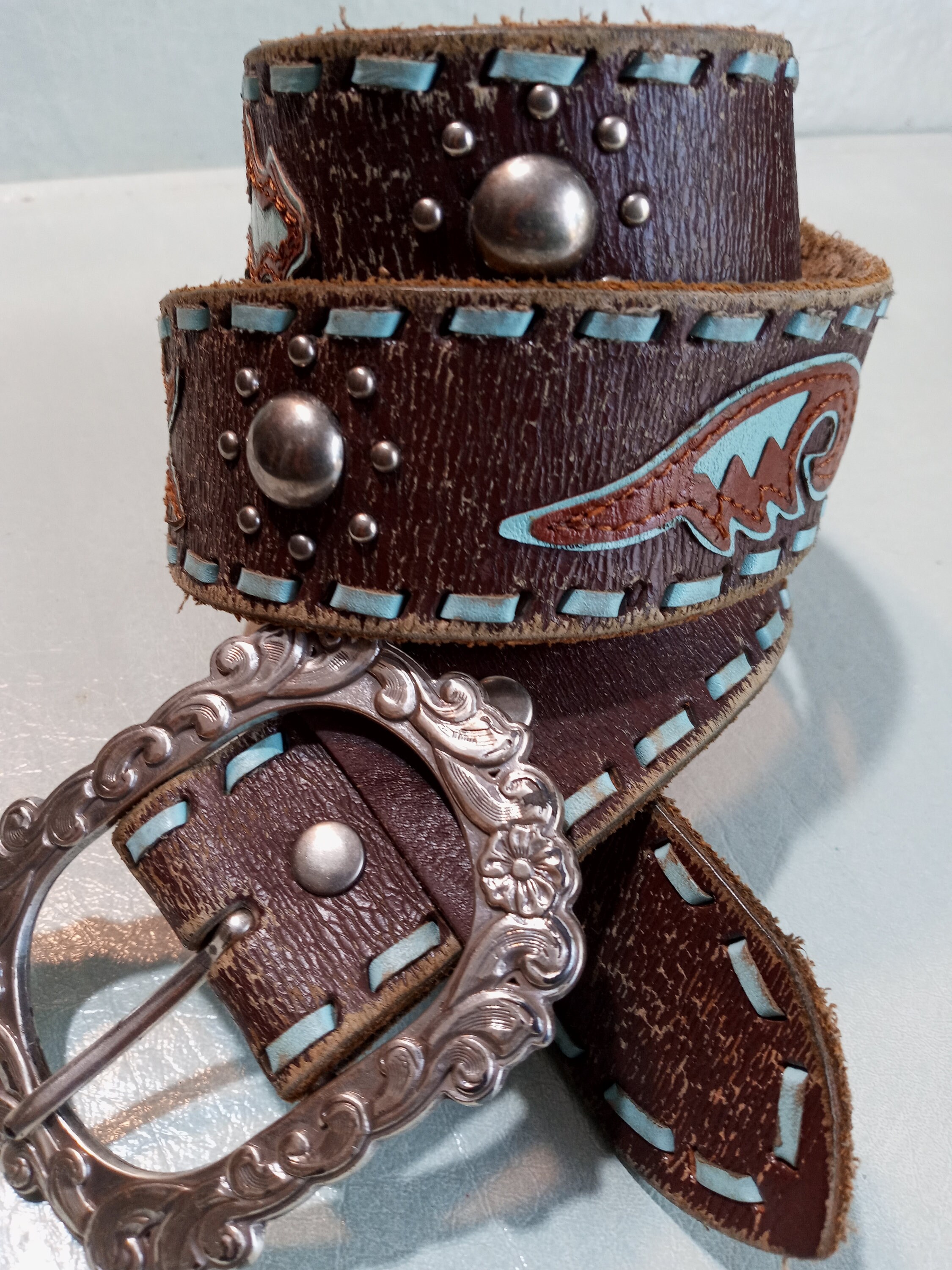 Western Cowboy Leather Stitched Turquoise Concho Belt - Etsy display picture 2
