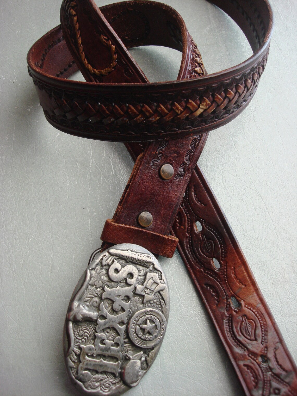 BROWN LEATHER TEXAS Buckle Belt Etsy