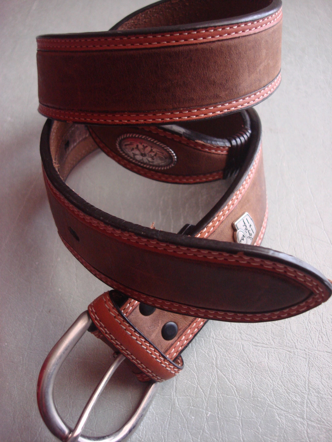 Larry Mahan Ladies Genuine Leather Western Belt - 38 Vintage Larry Mahan Brown Genuine Tooled Leather Belt w  main image 4