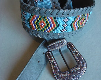 Vintage Southwestern Geometric Beaded Stretch Belt - Blue & Green Diamond Patter s-l400.jpg main image 2