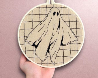 Hand Embroidered Spectral Being 7.5" Embroidery Artwork - Y2K Fun Minimalist Home Decor - Handmade Gift - Spooky Funky Gothic Macabre Art