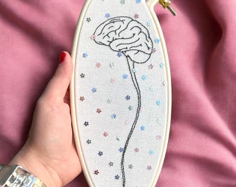 Oval Floral Brain Fun Artwork - Funky Embroidery Hoop Art - Handmade Fiber Art - Cute Spooky Girly Home Decor - Y2K - Dopamine Decor