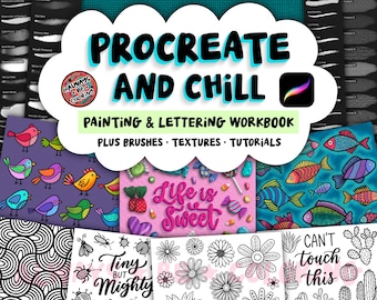 Cuaderno de trabajo y set de pinceles para pintura Procreate & Chill, 55 pinceles para Procreate, 20 hojas de trabajo para colorear.