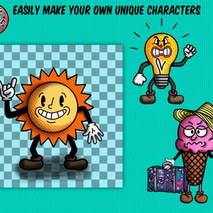¡Conjunto de creación de personajes de mascota retro para Procreate! ¡280 sellos para Procreate, 45 pinceles de semitonos, texturas y patrones sin costuras! Caras, cuerpos, brazos, piernas imagen 8