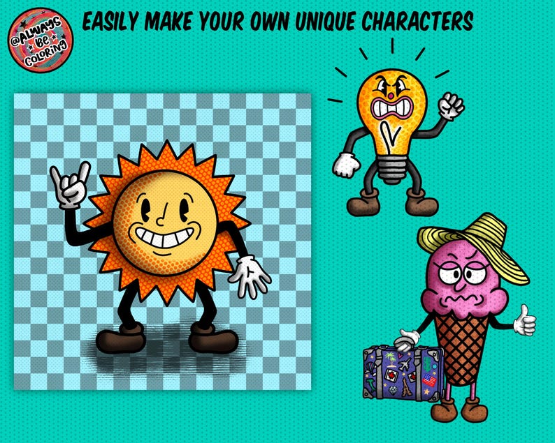 ¡Conjunto de creación de personajes de mascota retro para Procreate! ¡280 sellos para Procreate, 45 pinceles de semitonos, texturas y patrones sin costuras! Caras, cuerpos, brazos, piernas imagen 8