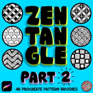 May include: A set of 48 Procreate pattern brushes featuring black and white geometric designs. The brushes are titled "Zen Tangle Part 2".