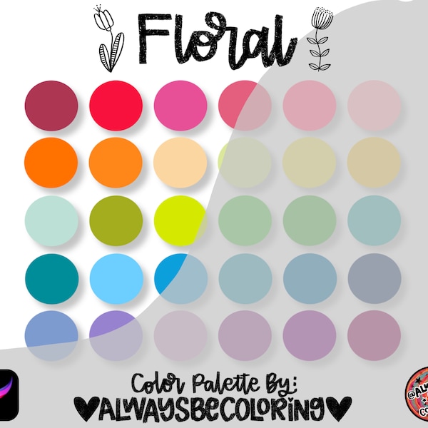 Palette de couleurs de procréation florale personnalisée et échantillons de couleurs PDF! 30 belles nuances florales coordonnées. Palette de couleurs de fleurs