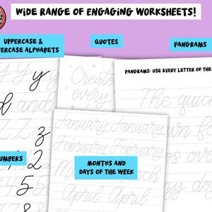 May include: A collection of worksheets for learning, featuring cursive alphabets, numbers, quotes, and pangrams. The worksheets are printed on lined paper with handwritten examples. The text "WIDE RANGE OF ENGAGING WORKSHEETS!" is at the top.