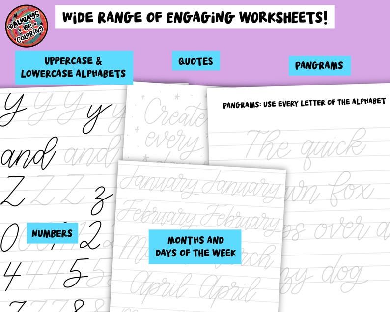May include: A collection of worksheets for learning, featuring cursive alphabets, numbers, quotes, and pangrams. The worksheets are printed on lined paper with handwritten examples. The text "WIDE RANGE OF ENGAGING WORKSHEETS!" is at the top.