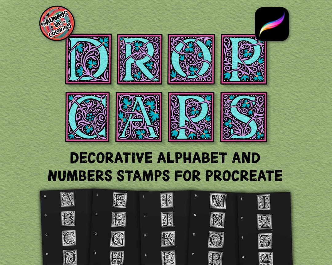 Pdf Letters Caps 72 Procreate Decorative Drop Caps Alphabet and Number Stamps, Hand ...